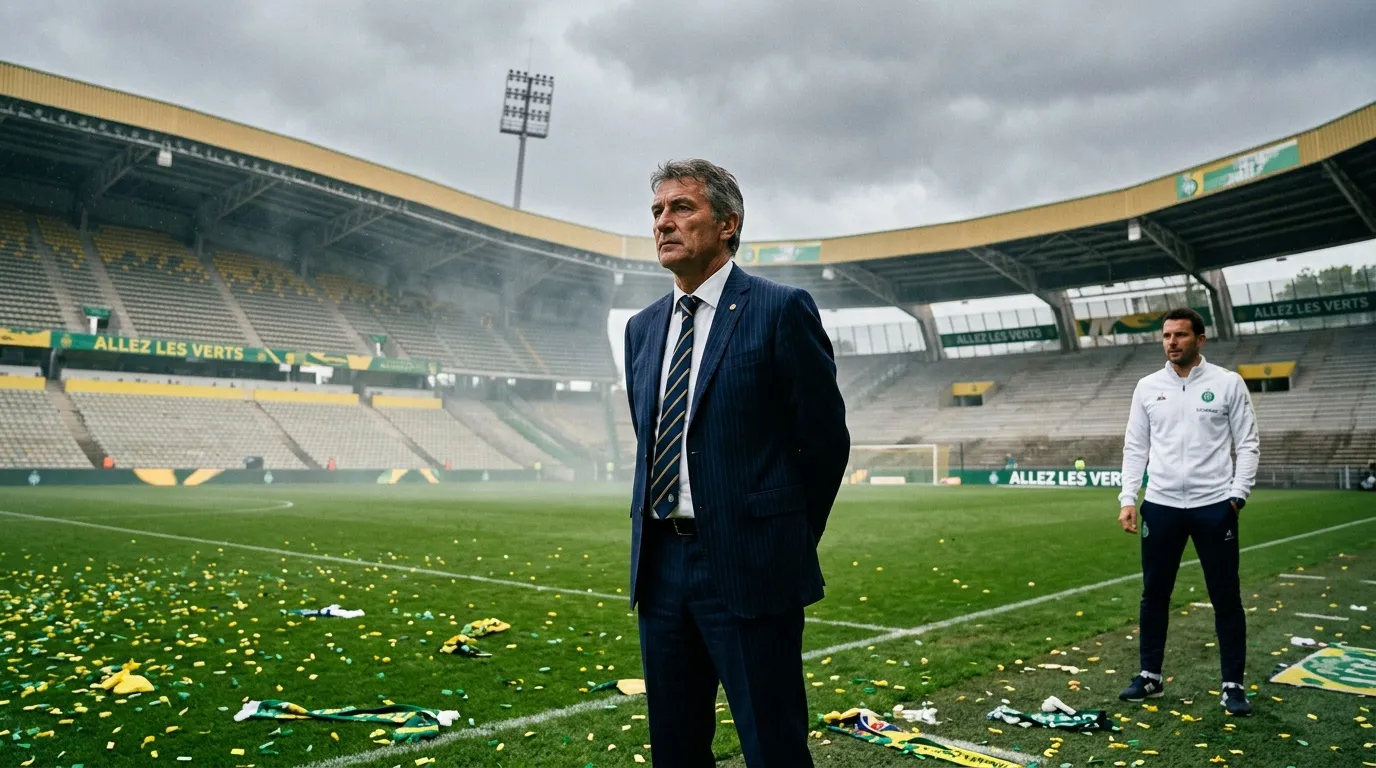 Homme en costume bleu sur terrain de football désert