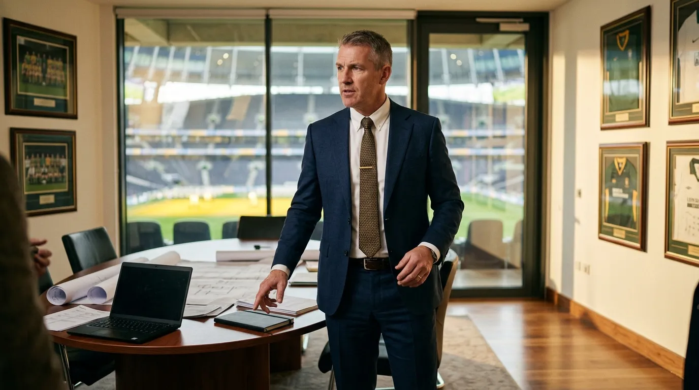 Homme en costume bleu dans bureau moderne surplombant stade