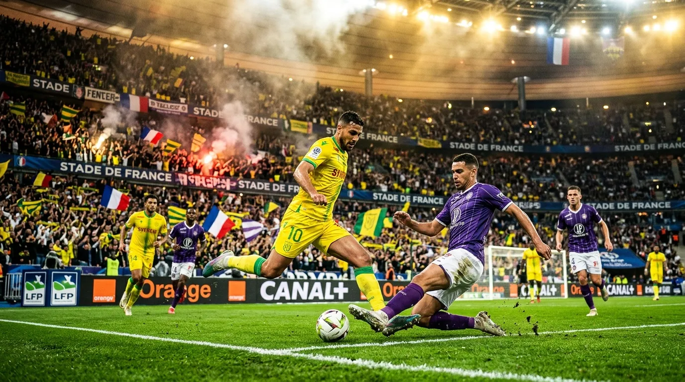 Joueur jaune dribble face à défenseur violet au Stade de France