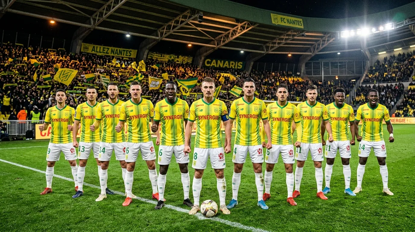Équipe FC Nantes alignée sur le terrain en tenue jaune verte