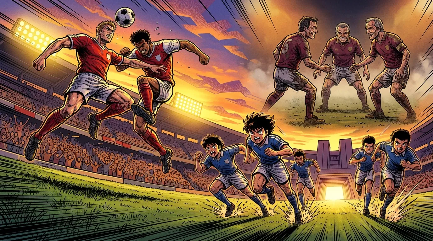 Jeunes et vieux joueurs de football en action au stade