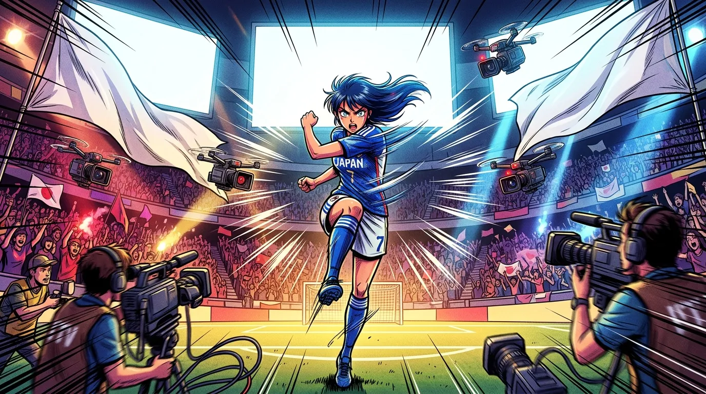 Joueuse de football japonaise célébrant victoire en stade