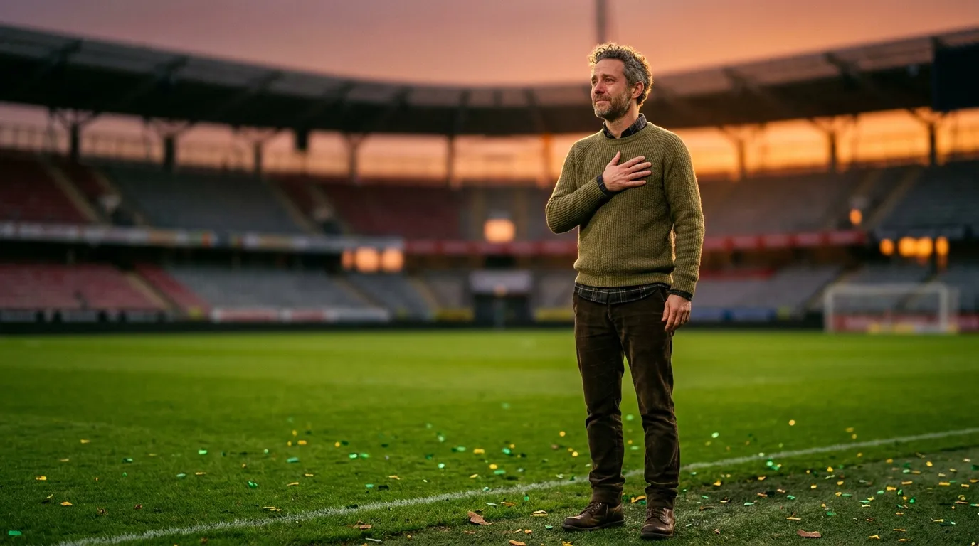 Homme debout seul sur terrain de football au coucher du soleil