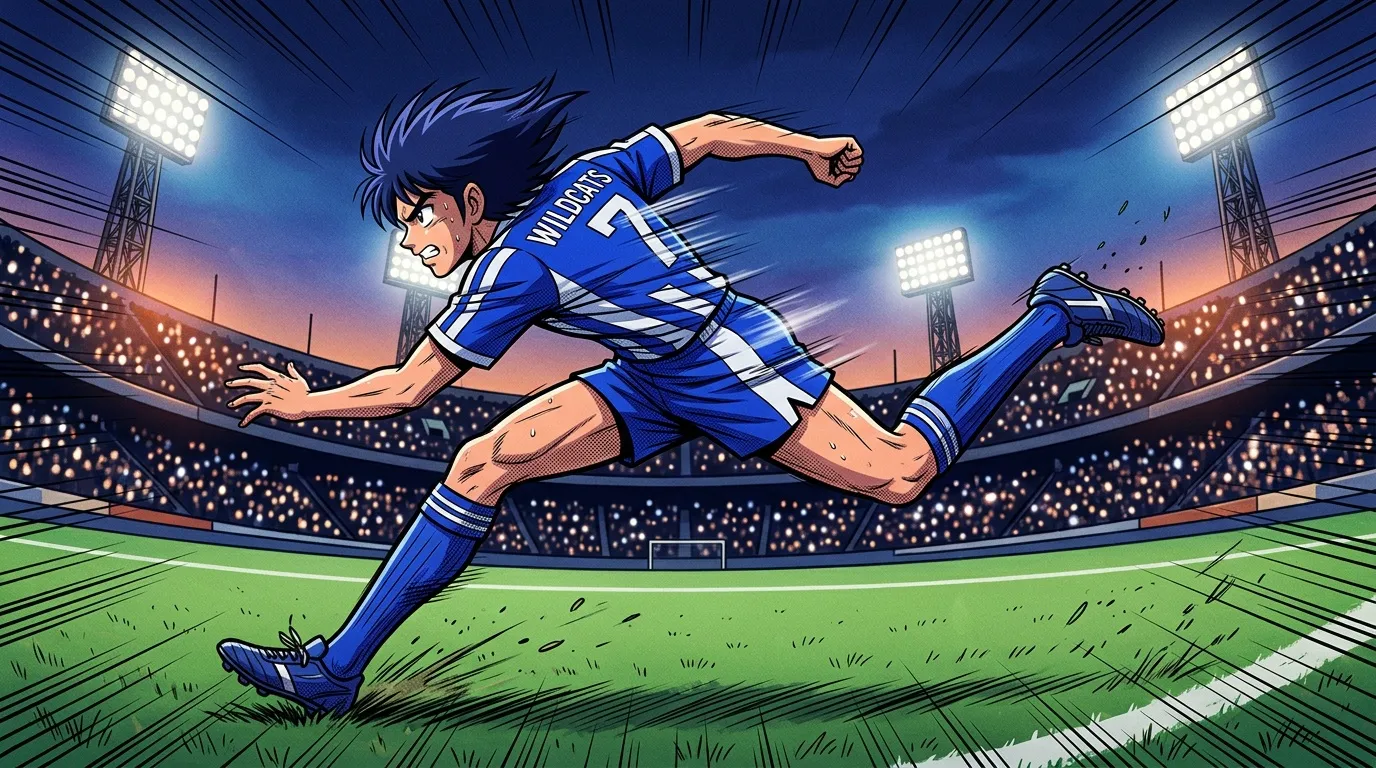 Footballeur en bleu effectue un tir spectaculaire au stade
