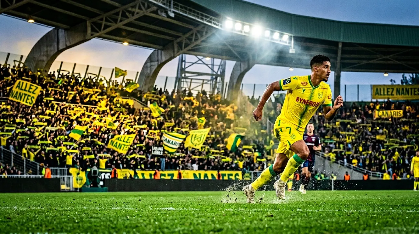 Footballeur en jaune court avec ballon devant supporters