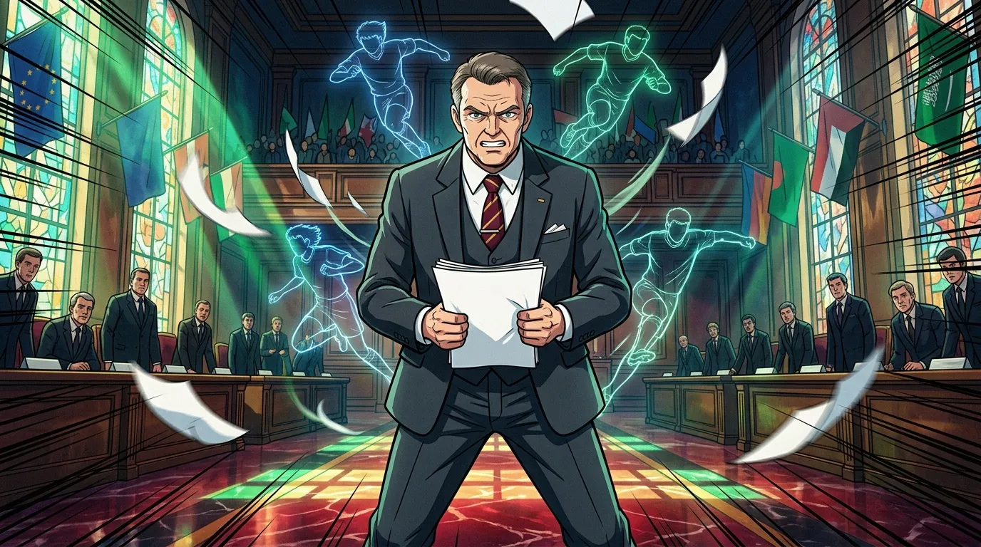Homme en costume avec pouvoirs énergétiques dans un tribunal futuriste