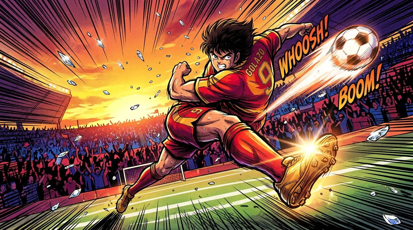 Footballeur en rouge marque un but explosif au stade
