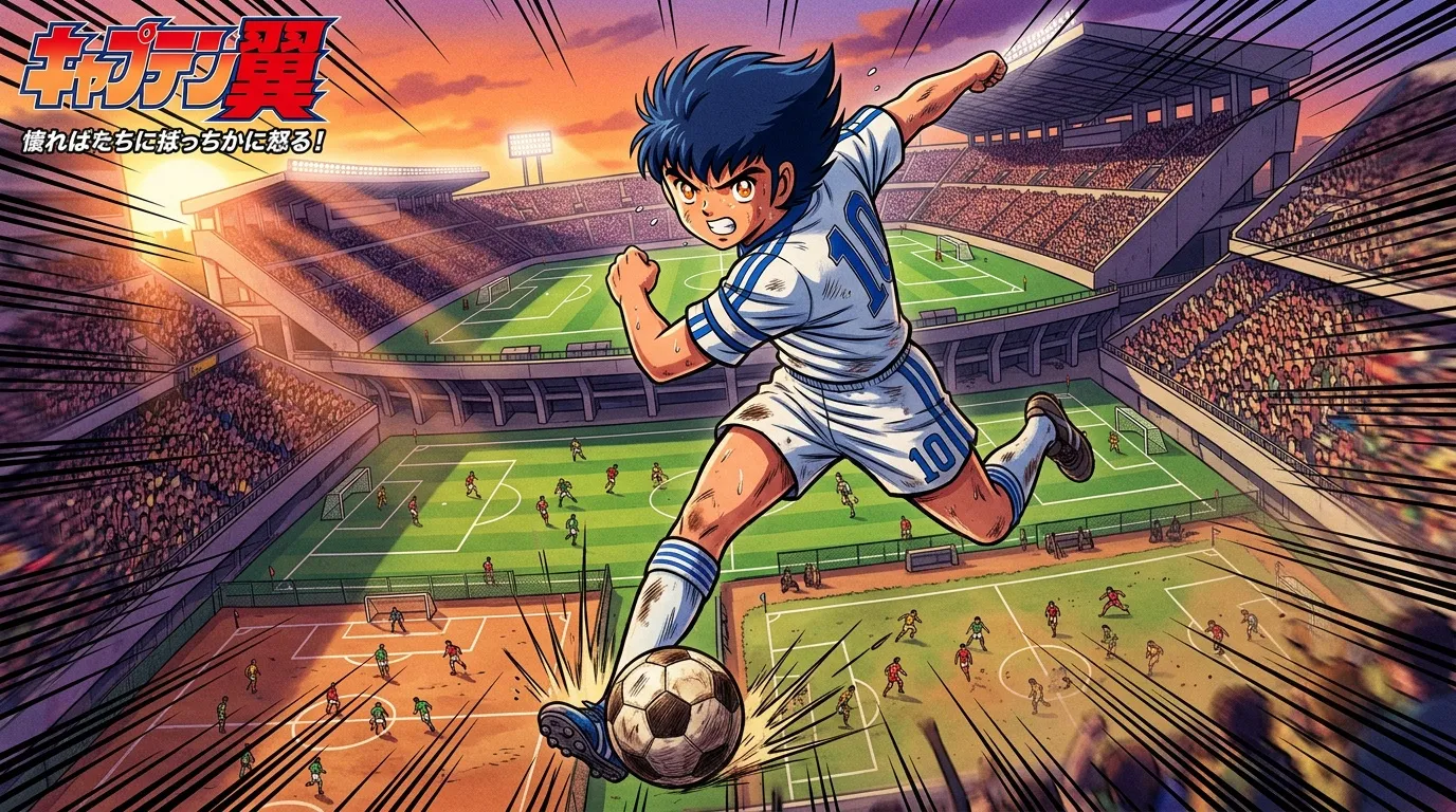 Jeune footballeur anime frappant un ballon en stade