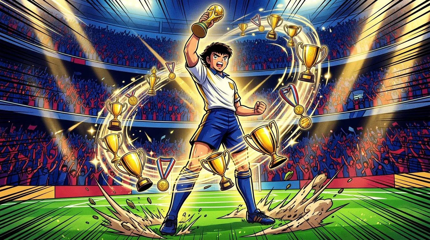 Joueur de foot célèbre sa victoire avec trophées dorés