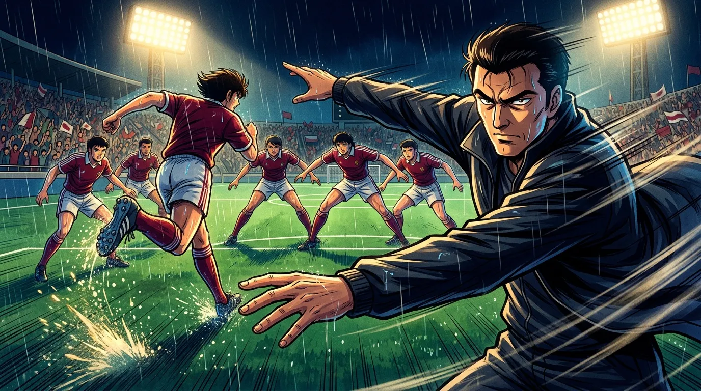 Entraîneur dirigeant équipe de football sous la pluie en stade