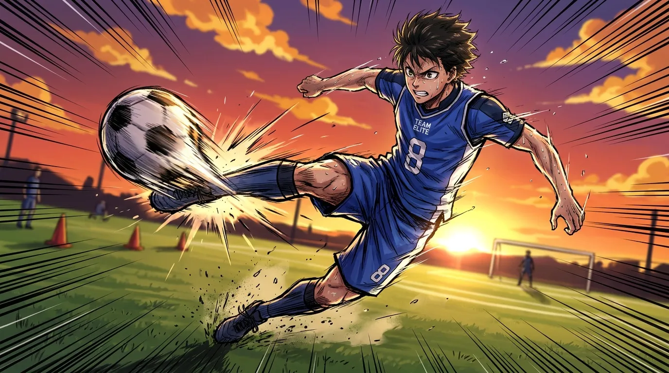 Joueur de football en bleu effectue un tir puissant au coucher soleil