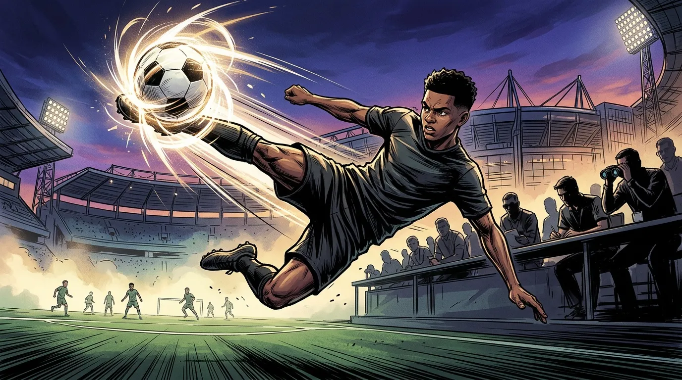 Joueur de football effectuant un tir énergique au stade