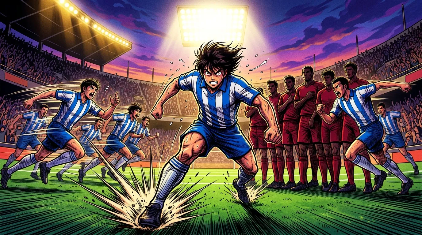 Joueur de foot anime marque but spectaculaire au stade