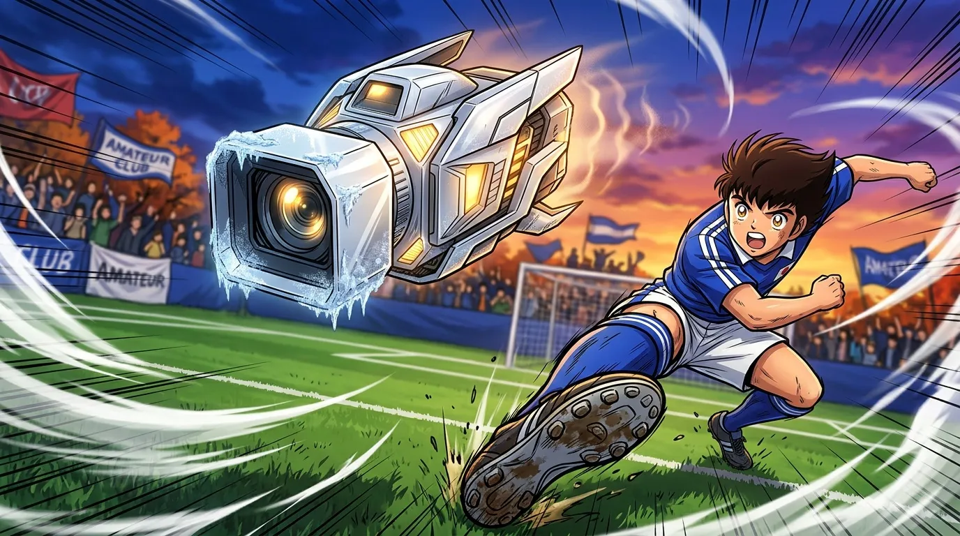 Joueur de football anime avec caméra gelée et effets lumineux