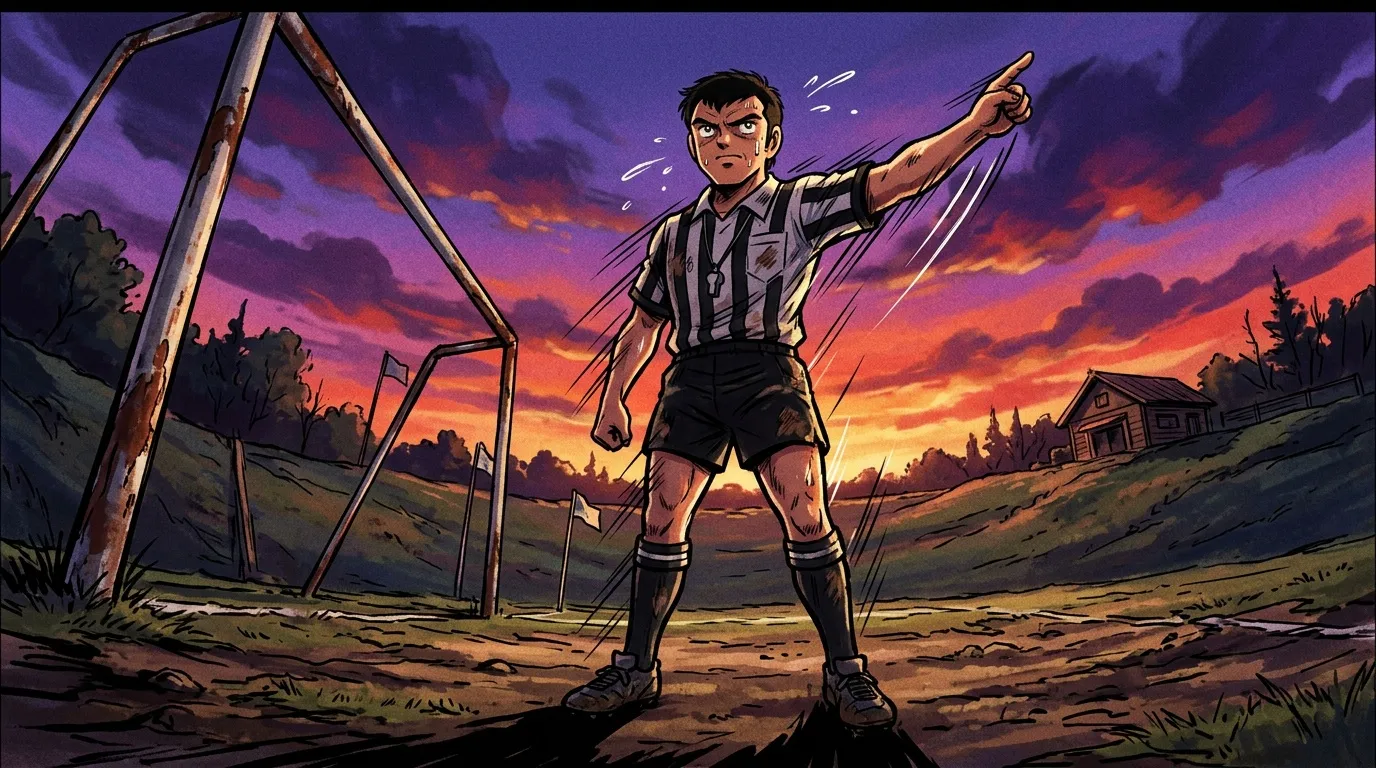 Arbitre de football pointant vers le ciel au coucher soleil