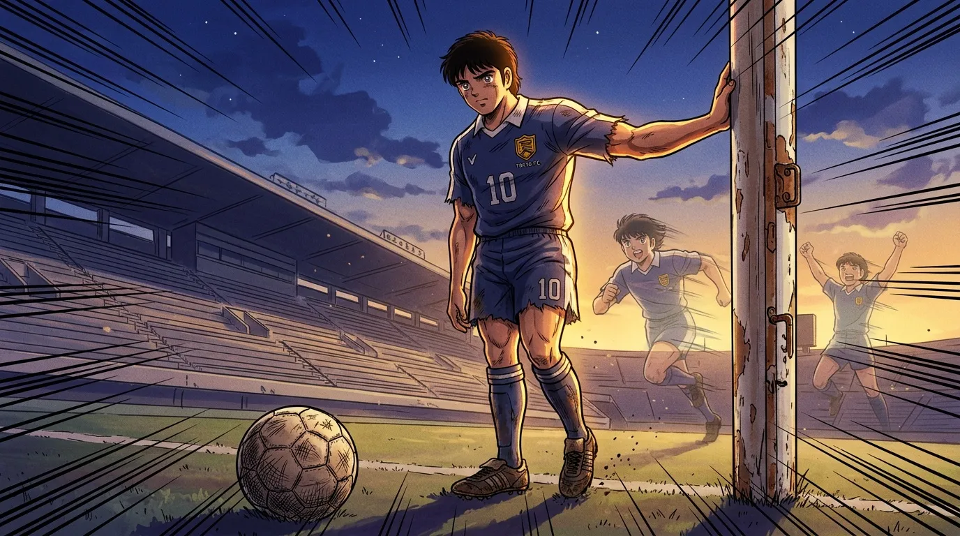 Jeune joueur de football num&eacute;ro 10 devant un but au coucher de soleil