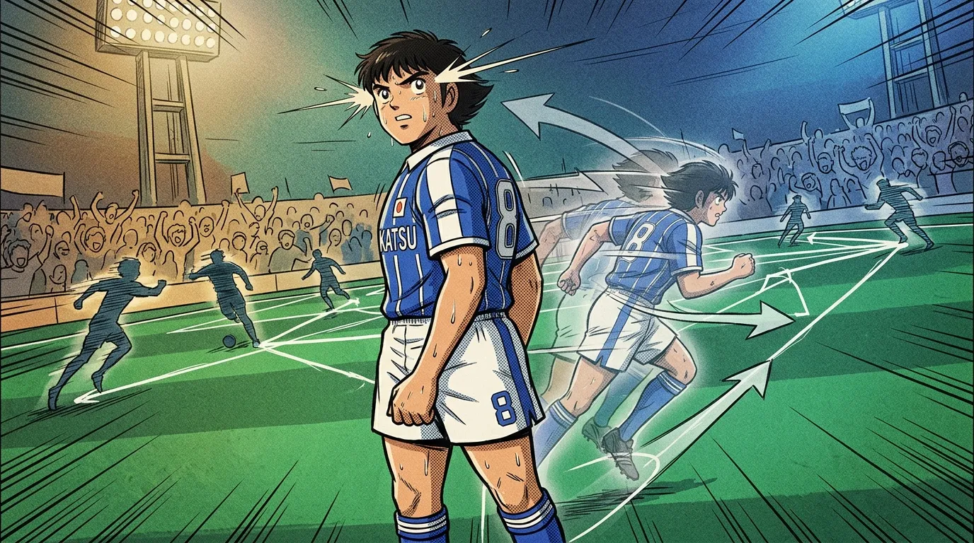 Joueur de football anime portant le numéro 8, stade plein