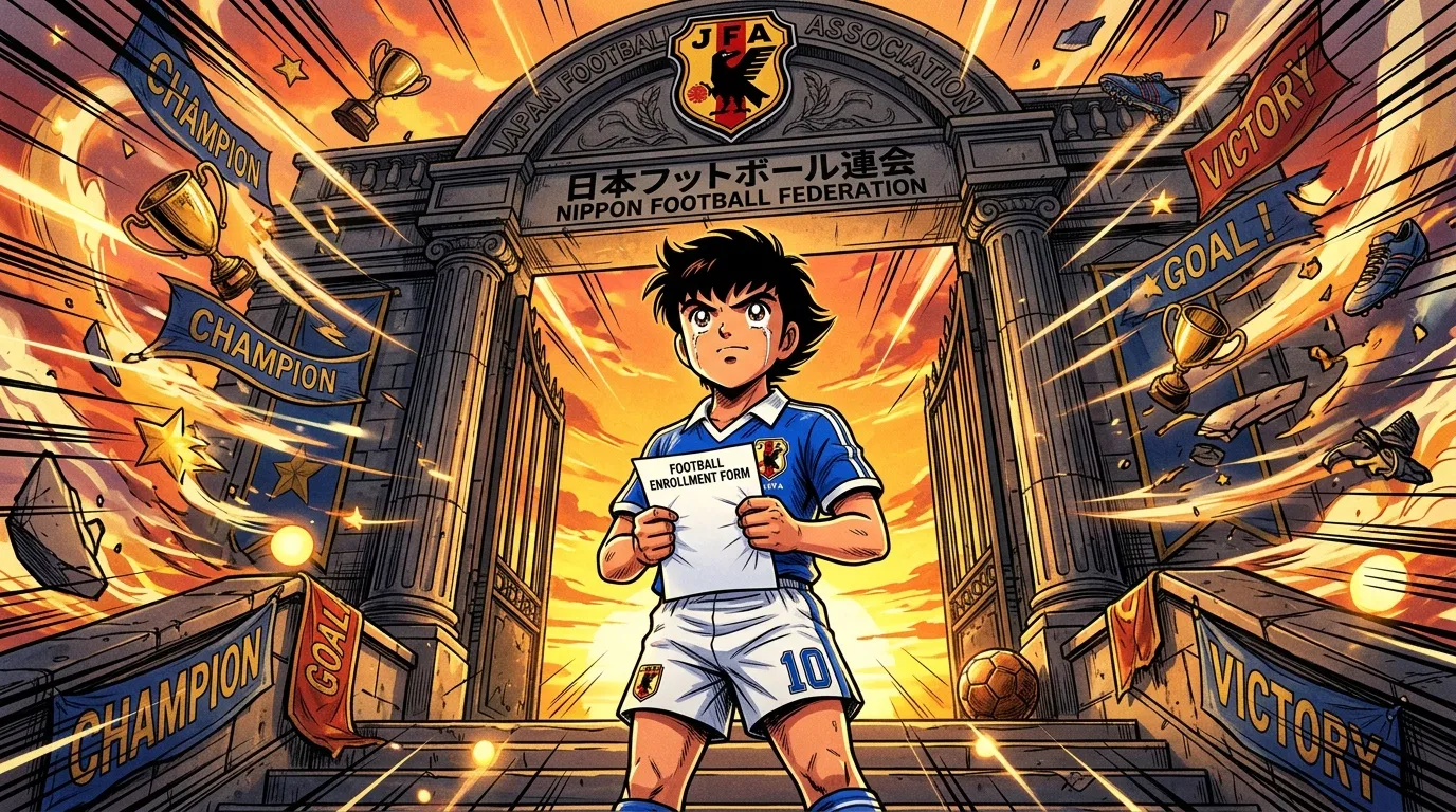 Jeune joueur japonais tenant formulaire inscription football, architecture imposante