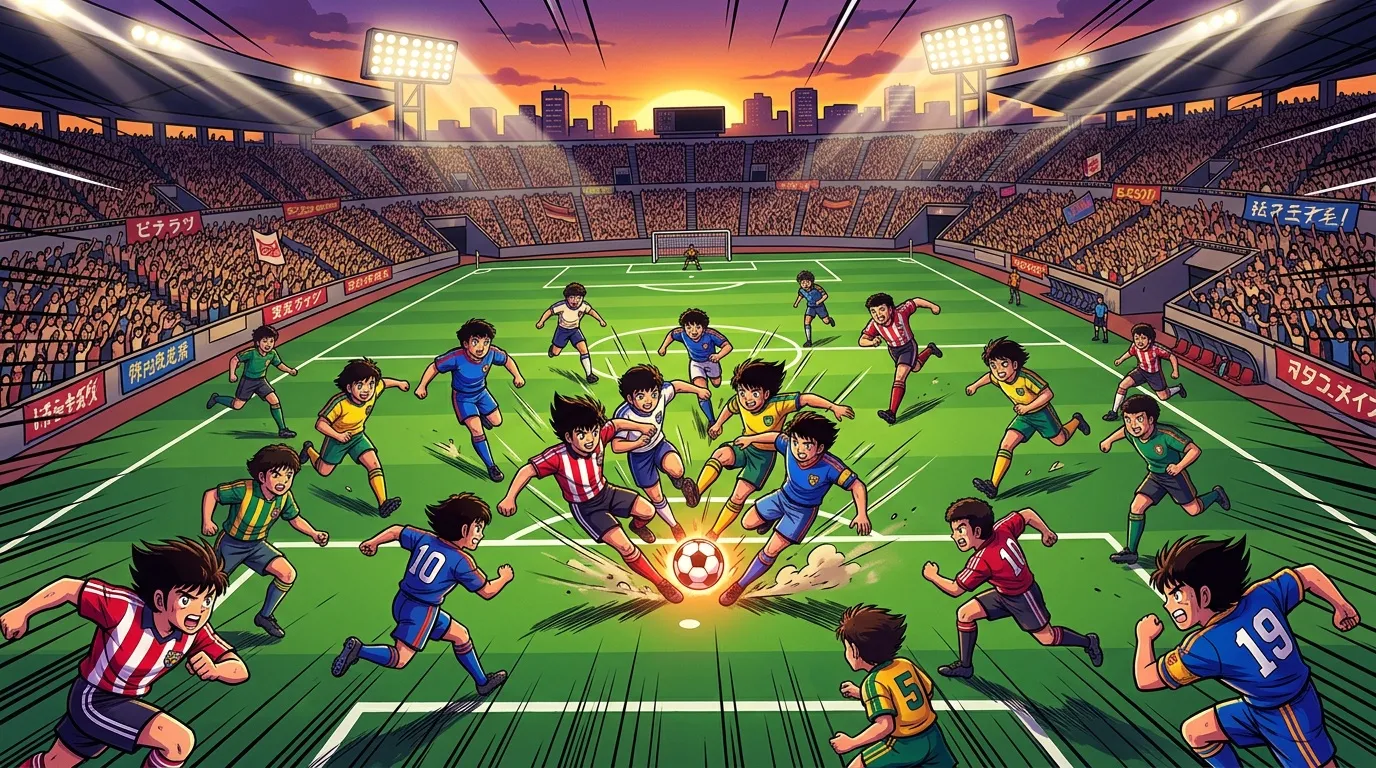 Joueurs de football en action lors d'un match dans un stade rempli