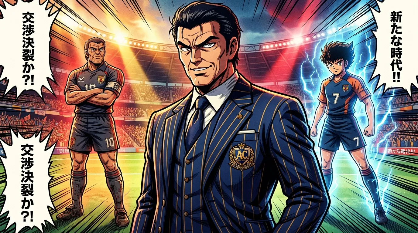 Entraîneur et joueurs de football dans un stade animé