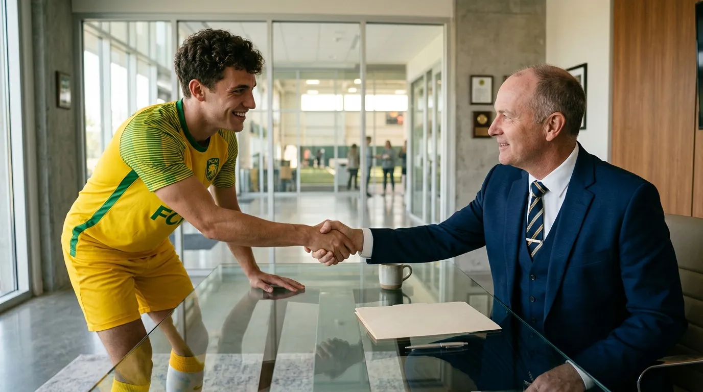 Jeune footballeur en jaune serrant la main à un homme en costume bleu