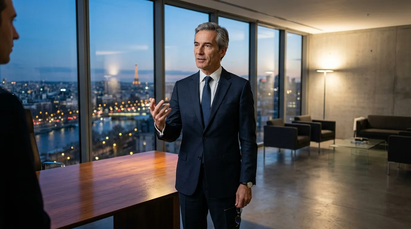 Homme en costume discutant dans un bureau avec vue panoramique sur Paris