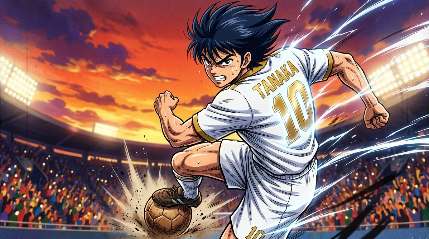Joueur anime numero 10 frappe ballon stade