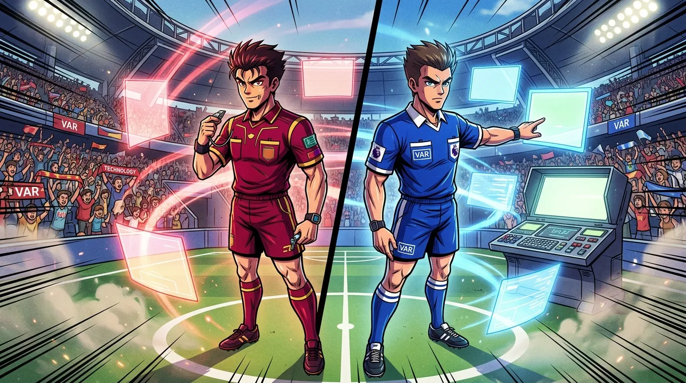 Deux arbitres de foot avec syst&egrave;me VAR haute technologie