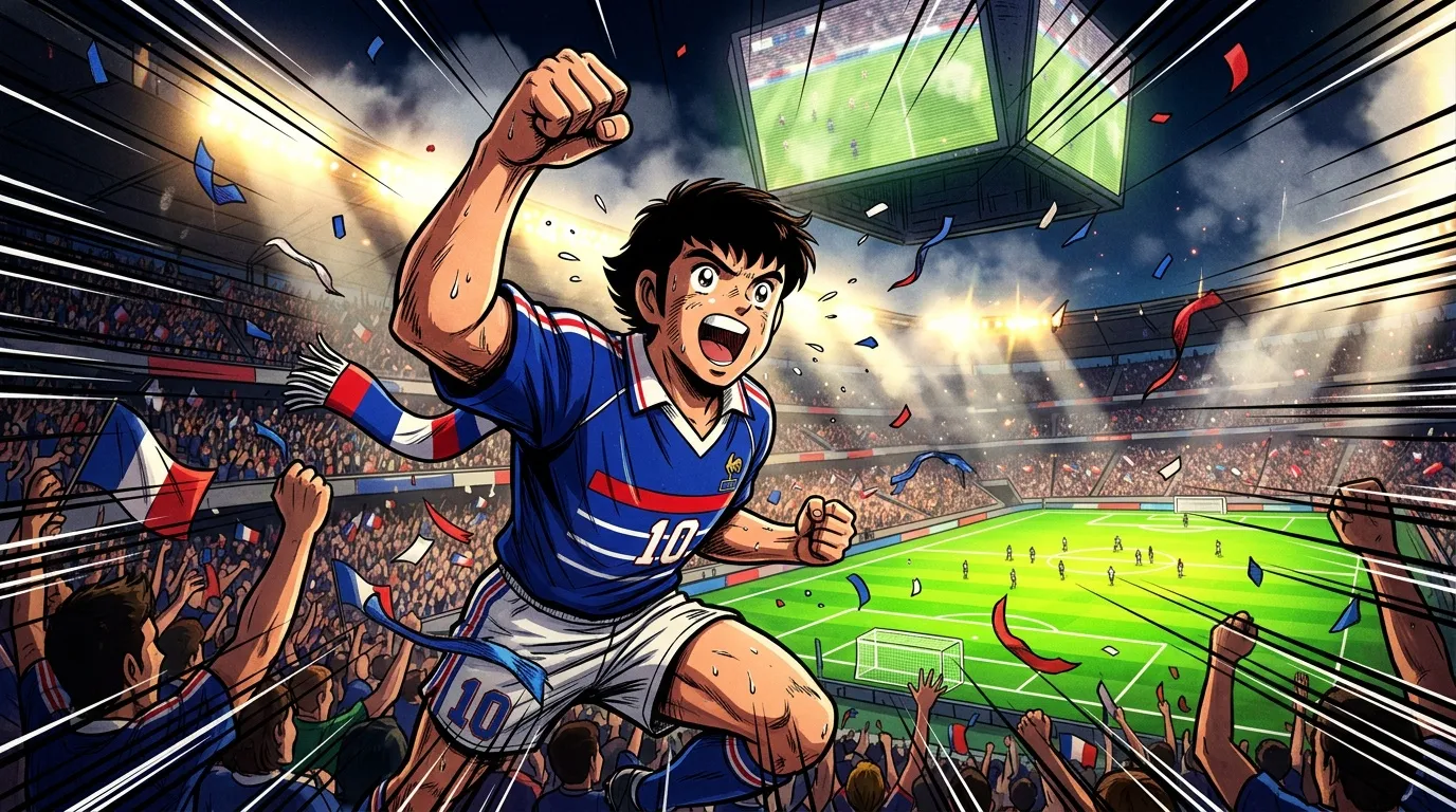Joueur célébrant un but dans un stade bondé
