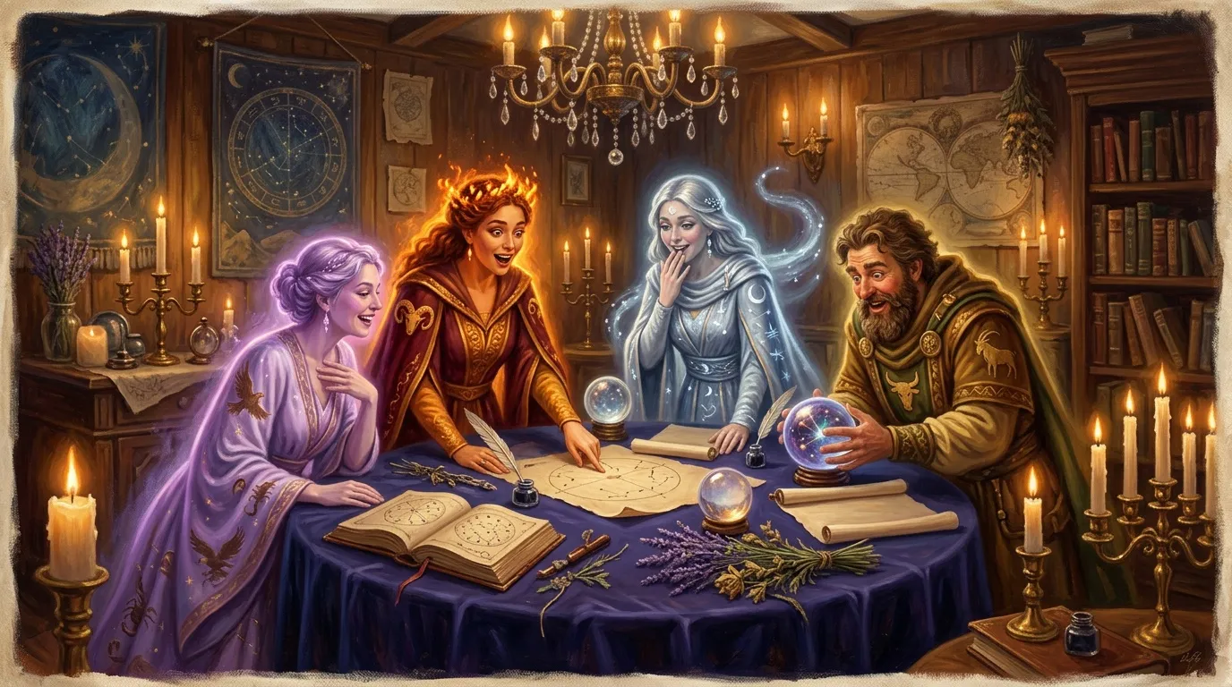 Quatre personnages magiques consultent des cartes et cristaux autour d'une table.