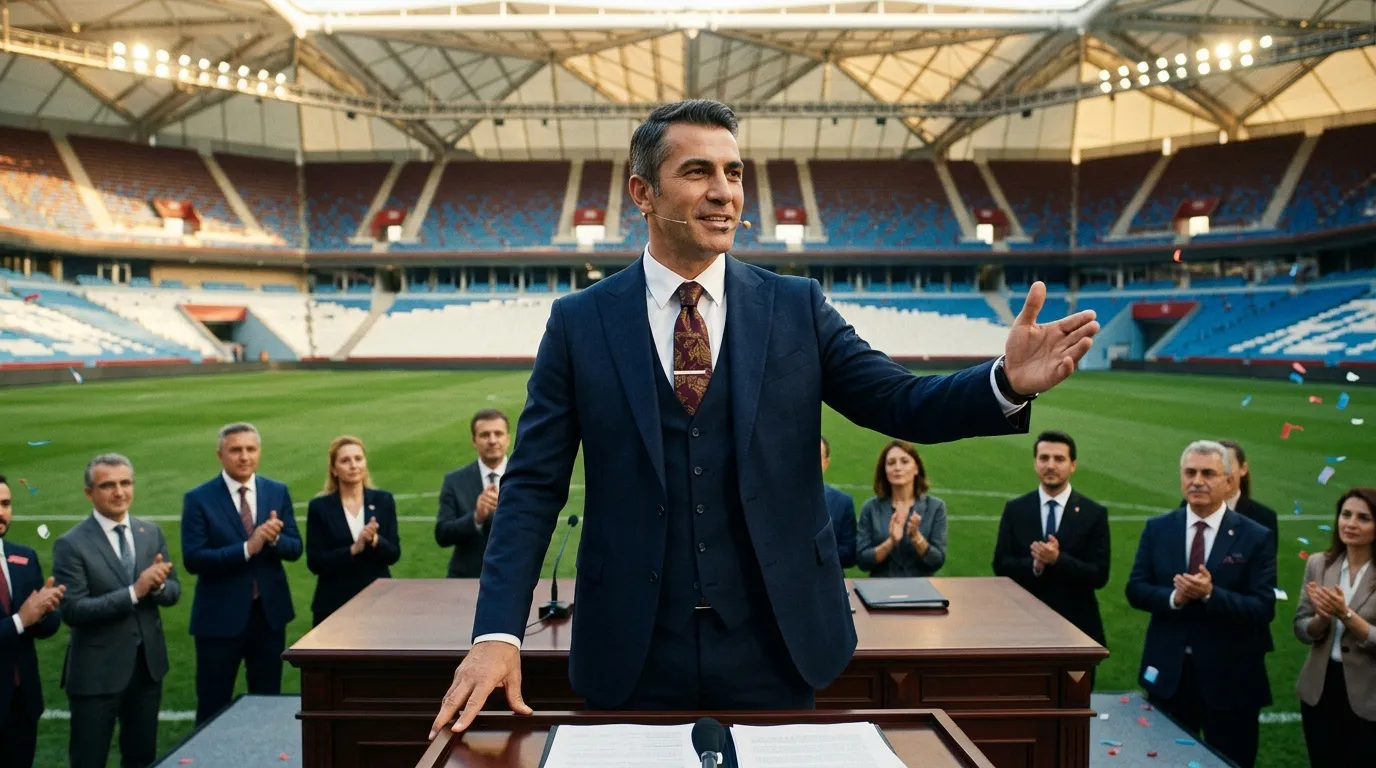 Homme en costume parlant au pupitre dans un stade