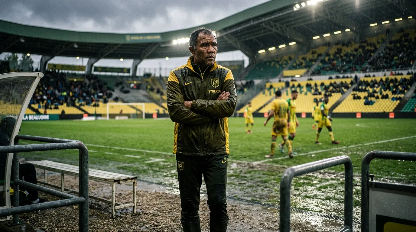 Entraîneur en survêtement noir et jaune observe le terrain de foot