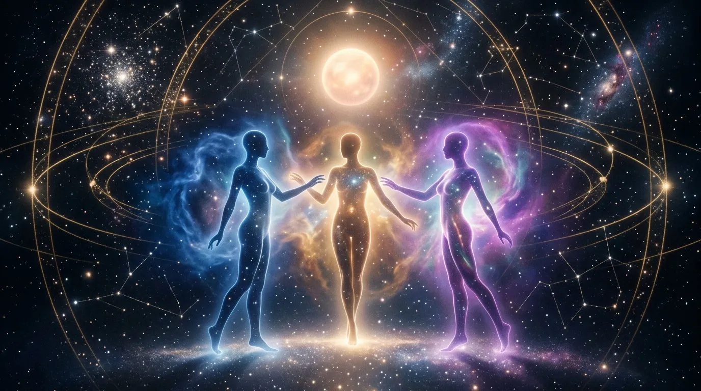 Trois figures lumineuses connectées dans l'univers étoilé