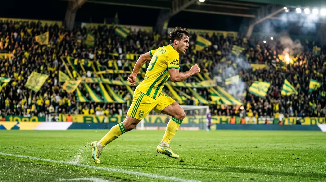 Footballeur en maillot jaune vert courant au stade