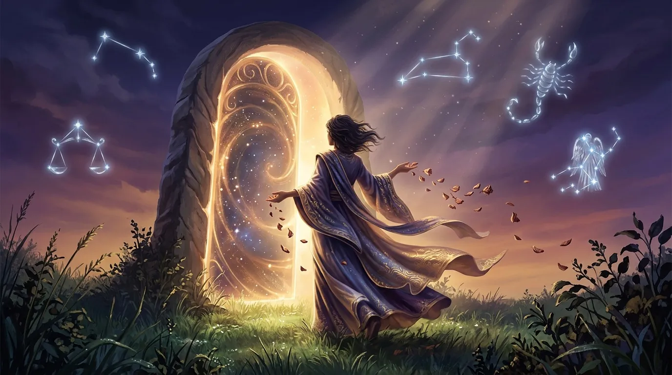Femme magique devant une porte lumineuse avec constellations zodiacales