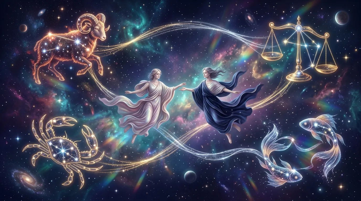 Deux figures mythologiques dansent parmi les constellations du zodiaque