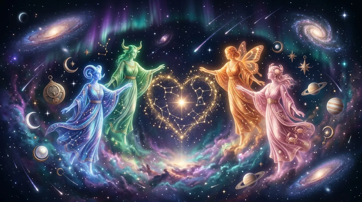 Quatre figures féminines mythologiques entourées de constellations et planètes.