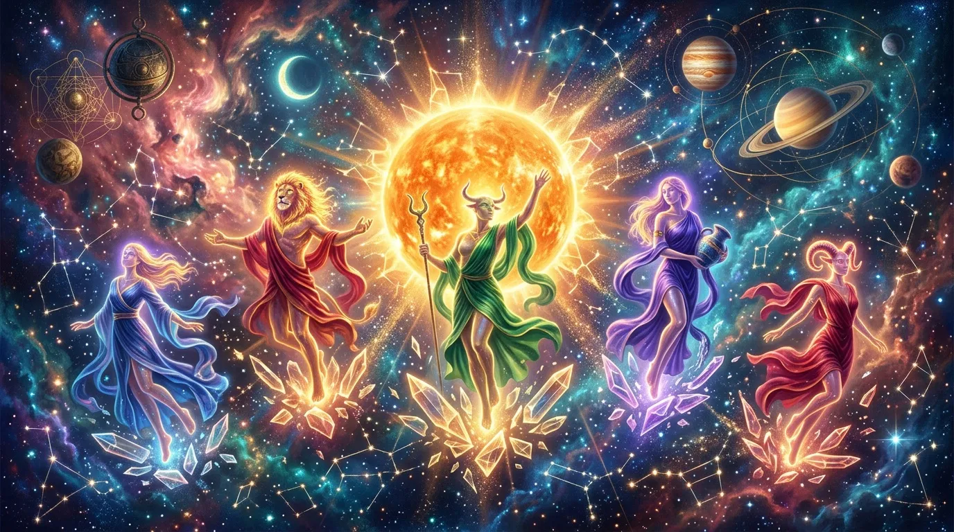 Figures mythologiques entourant un soleil brillant dans l'espace