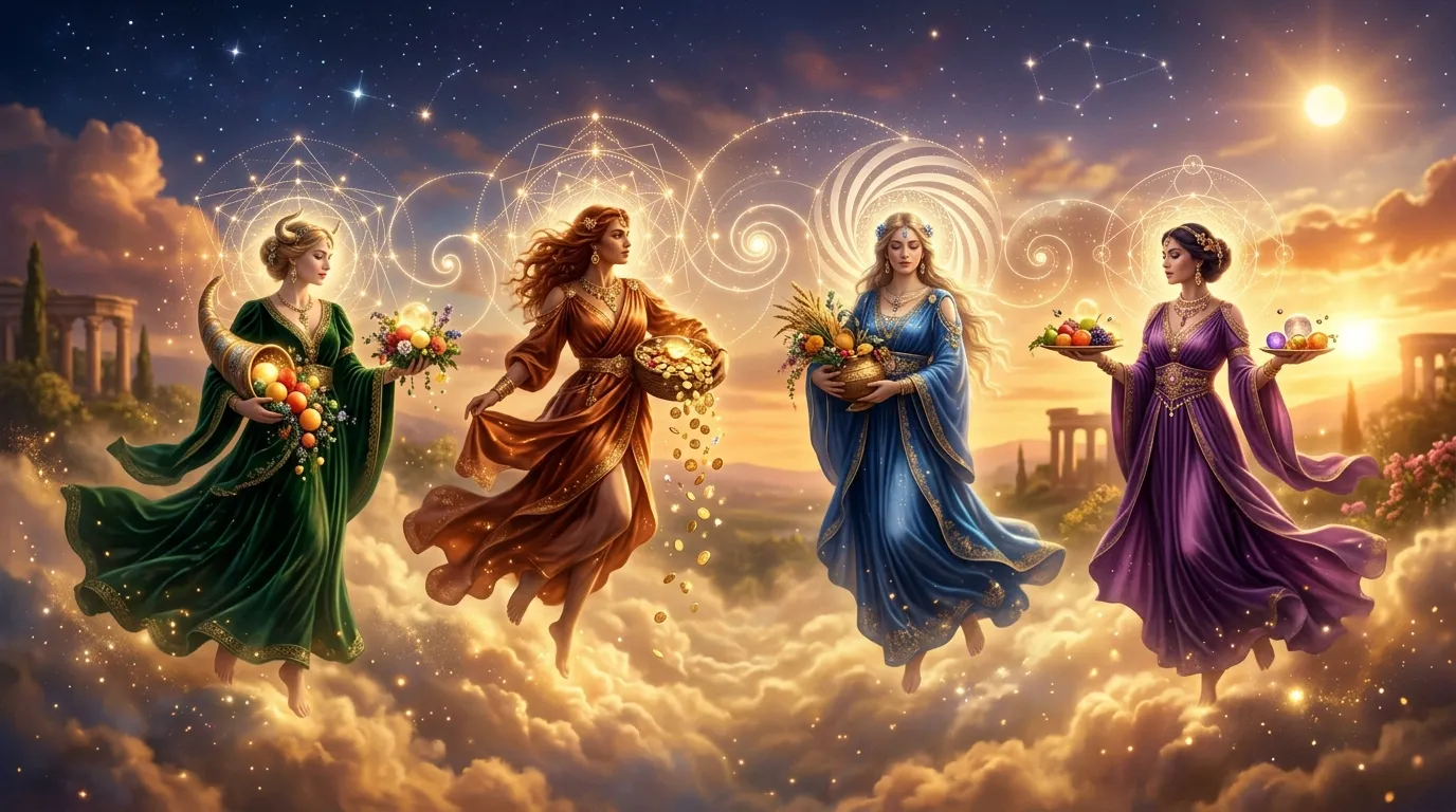 Quatre femmes angéliques dans les nuages avec symboles sacrés