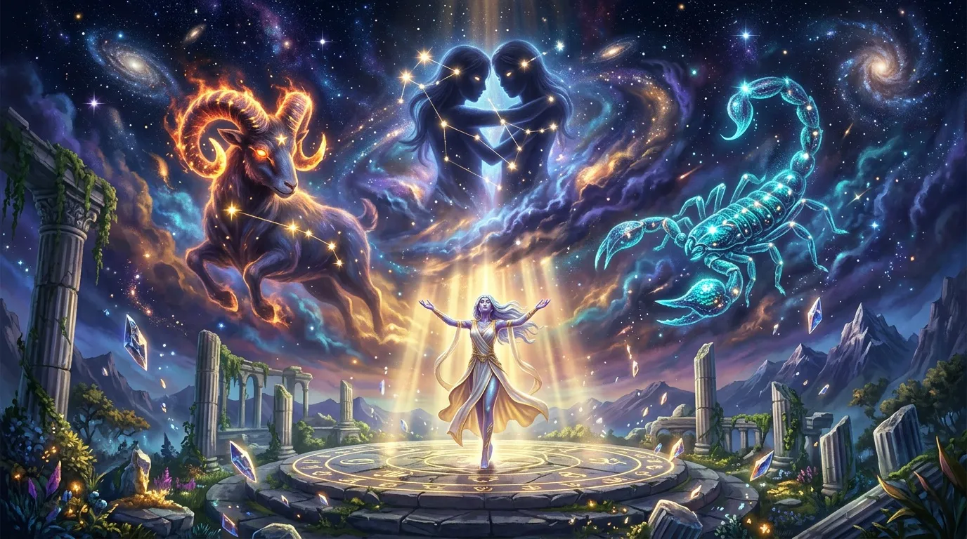 Femme mystique entourée des quatre constellations zodiacales célestes