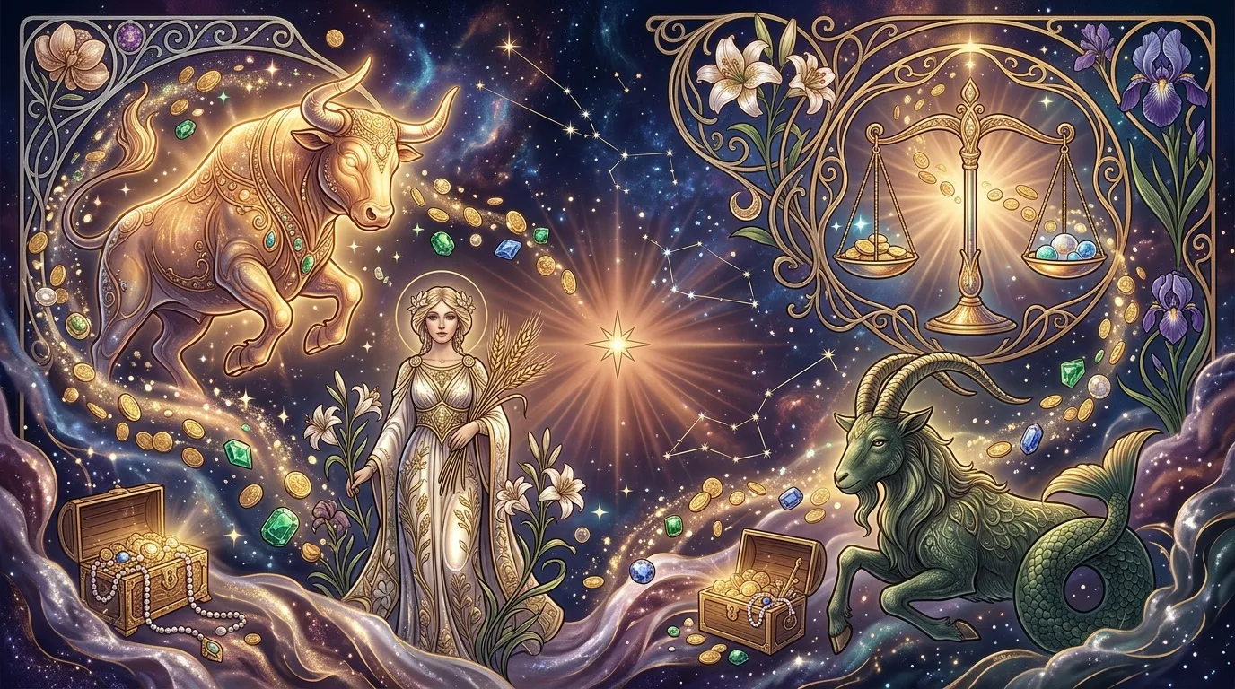 Illustration zodiacale avec Taureau, Balance, Capricorne et déesse centrale.