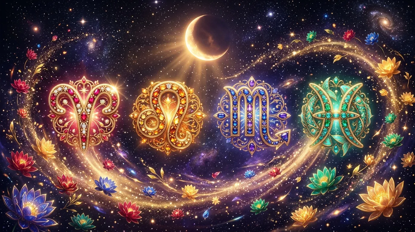 Symboles astrologiques dorés ornés sur fond étoilé avec fleurs de lotus