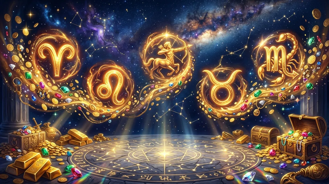 Symboles astrologiques dorés brillant sur zodiaque mystique.