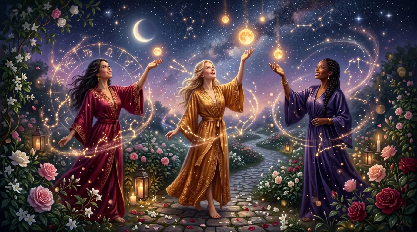 Trois femmes en robes colorées invoquent les étoiles et constellations