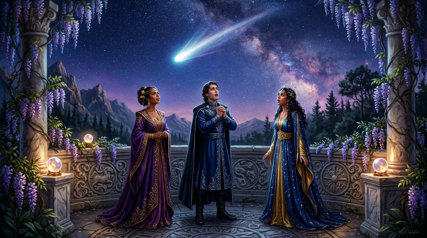 Trois personnages en robes royales observent une comète brillante la nuit