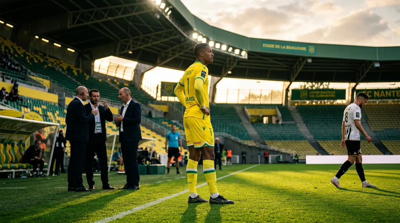 Joueur en jaune attend pendant discussion officielle stade