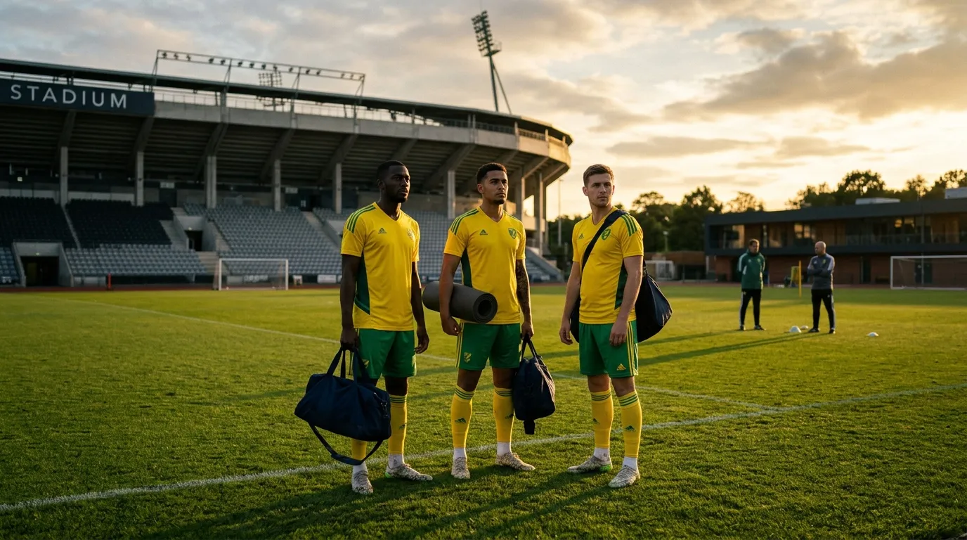 Trois joueurs en jaune et vert quittent le terrain de stade