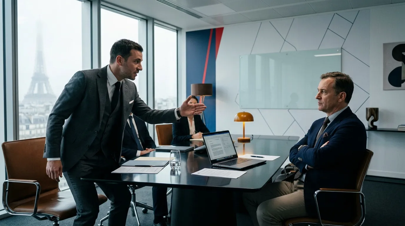 Deux hommes d'affaires en discussion dans un bureau moderne avec vue sur la Tour Eiffel