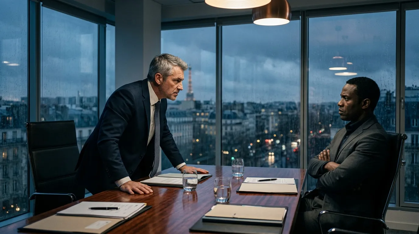Deux hommes d'affaires discutent dans un bureau panoramique.
