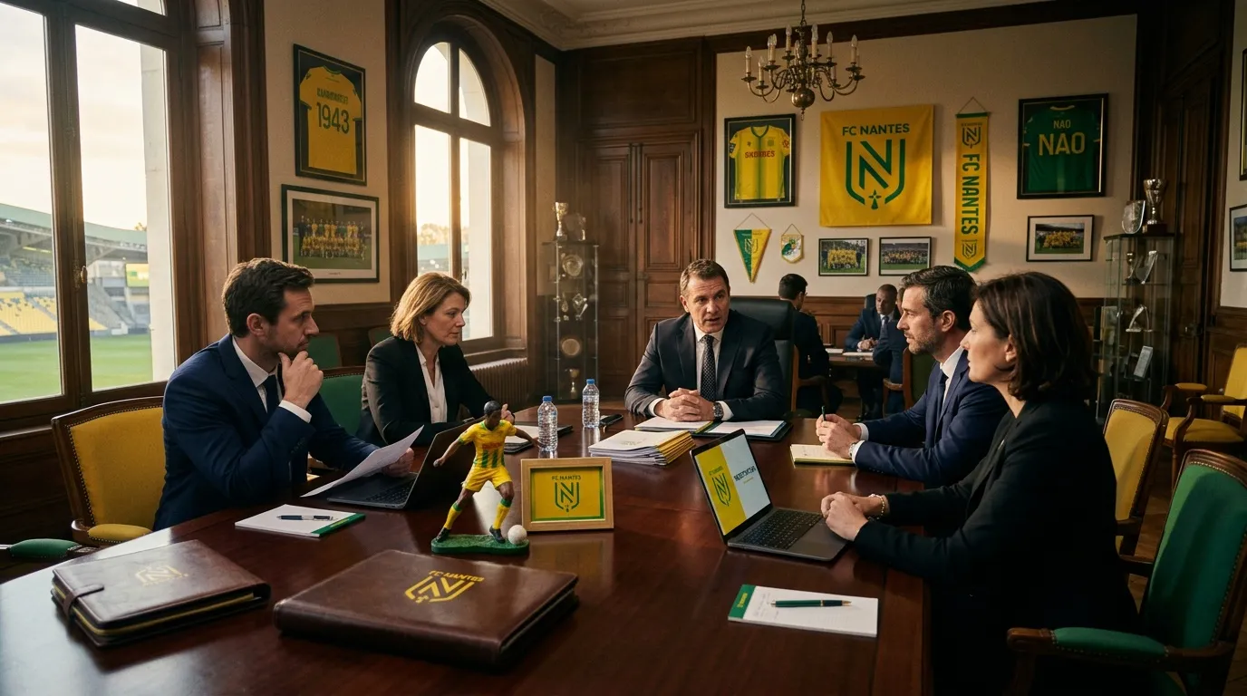 Professionnels en réunion dans bureau FC Nantes avec trophées.